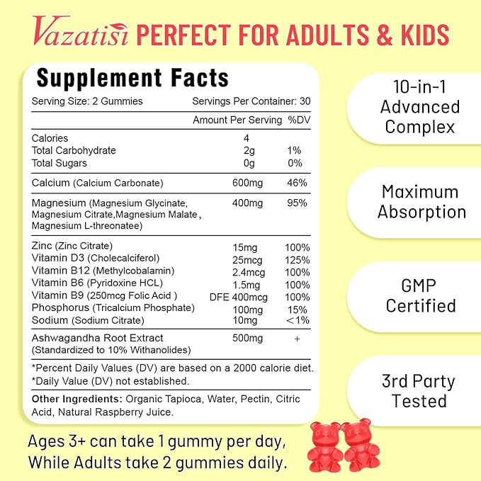 Calcium Gummies with Magnesium, Zinc, Vitamin D3 & B12, Calcium Supplements for Women Men, Support Bone, Muscle and Immunity, 60 Vegan Raspberry Flavor Gummies