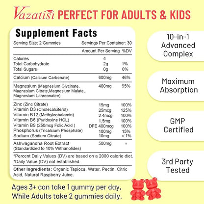 Calcium Gummies with Magnesium, Zinc, Vitamin D3 & B12, Calcium Supplements for Women Men, Support Bone, Muscle and Immunity, 60 Vegan Raspberry Flavor Gummies