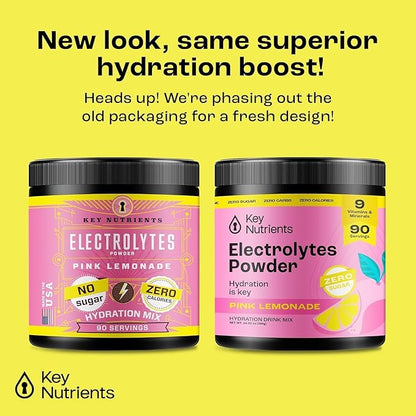KEY NUTRIENTS Multivitamin Electrolytes Powder No Sugar - Fresh Pink Lemonade Electrolyte Powder - Endurance & Energy Supplement - Hydration Powder - No Calories - 90 Servings - Made in USA