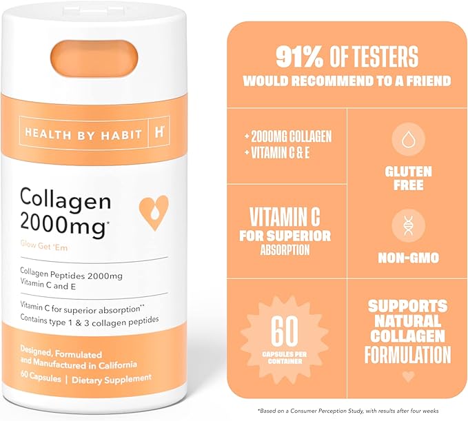Health by Habit Collagen Supplement 2 Pack (120 Capsules) - Vitamin C & Vitamin E, 2000mg, Collagen Peptides, Superior Absorption, Support Your Skin, Non-GMO, Sugar Free (2 Pack)