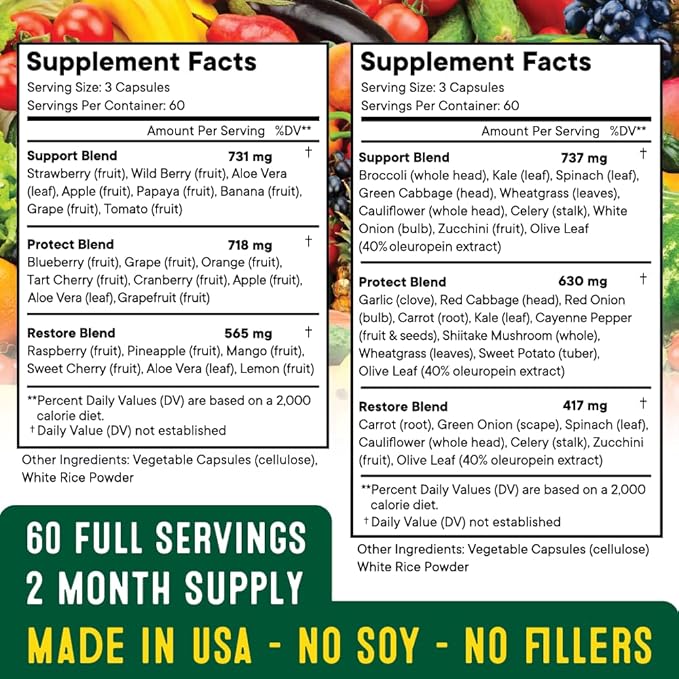Superfood Fruit and Veggie Supplement - Fruit and Veggie Capsules 100% Whole Super Fruit and Super Vegetable Supplements & Vitamins, with Olive Leaf (720 Count (Pack of 4))