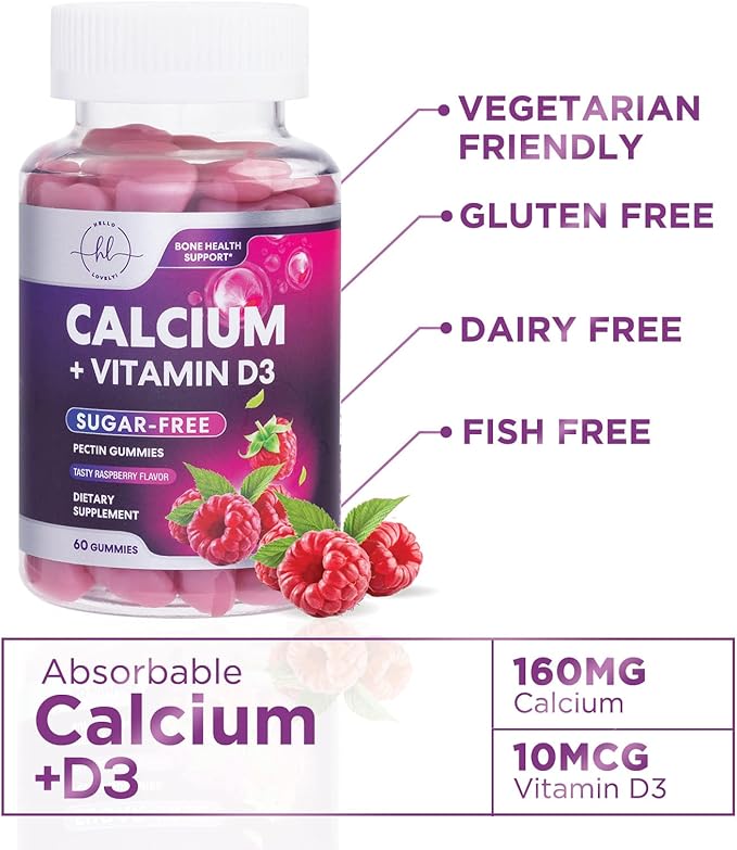 Sugar-Free Calcium Gummy Chews + 400 IU Vitamin D3, Calcium for Bone Health & Immune Support, Supports Teeth & Bone Strength, Chewable Calcium Supplements for Women & Men, Non-GMO - 60 Gummies