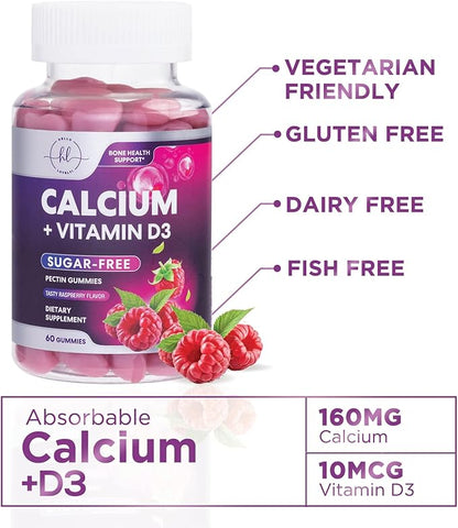 Sugar-Free Calcium Gummy Chews + 400 IU Vitamin D3, Calcium for Bone Health & Immune Support, Supports Teeth & Bone Strength, Chewable Calcium Supplements for Women & Men, Non-GMO - 60 Gummies