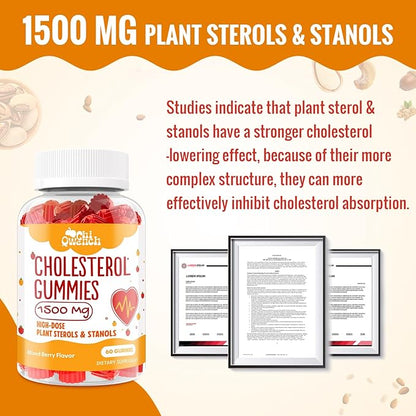 Cholesterol Supplements with 1500 Mg Plant Sterols & Stanols, Cholesterol Support Gummies, Cholesterol Complex Gummies, Maintains Normal Levels, Mixed Berry Flavor, 60 Count