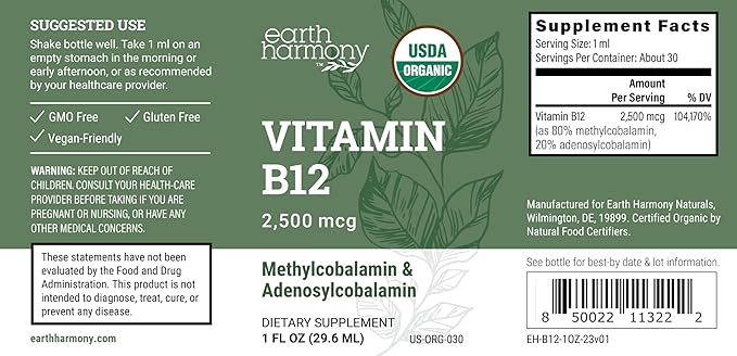 Organic Vegan Vitamin B12 Sublingual Liquid Supplement - 2500mcg Methylcobalamin Drops for Natural Energy, Metabolism Health and Immune System Support - 1 Fl Oz