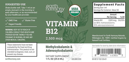 Organic Vegan Vitamin B12 Sublingual Liquid Supplement - 2500mcg Methylcobalamin Drops for Natural Energy, Metabolism Health and Immune System Support - 1 Fl Oz