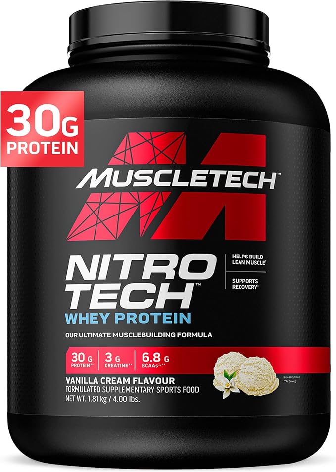 Muscletech Whey Protein Powder (Vanilla Cream, 4 Pound) - Nitro-Tech Muscle Building Formula with Whey Protein Isolate & Peptides - 30g of Protein, 3g of Creatine & 6.6g of BCAA