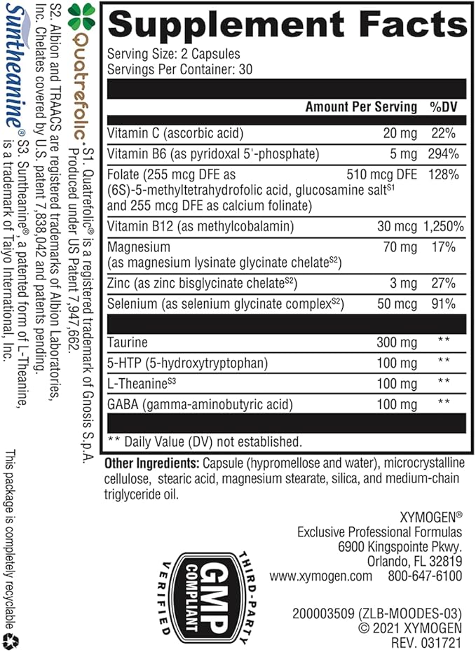 XYMOGEN Mood Food ES - Supports Calmness, Relaxation and a Healthy Mood with Active Folate, B Vitamins, 5-HTP, GABA, Minerals, Suntheanine L-Theanine, Selenium (60 Capsules)