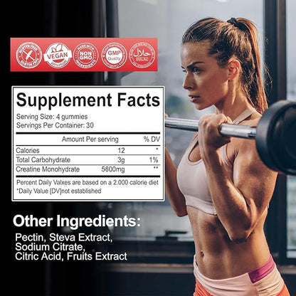 Creatine Monohydrate Gummies 5600mg for Men & Women, 120 CT Chewable Creatine Gummies for Muscle Support, Energy Boost, 5.6g of Creatine Monohydrate per Serving - Sugar Free, Vegan (Cherry Flavor)