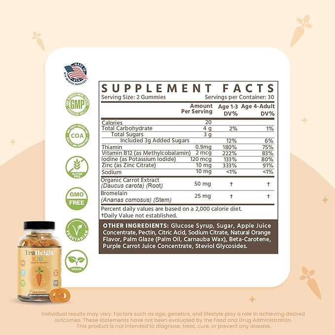 TruHeight Kids Appetite Booster Gummies (Ages 2+) All Natural Toddler, Kids & Teens Appetite Stimulant to Eat More - Weight Gain Vitamins - Endorsed by Pediatricians - Vitamin for Underweight Kids