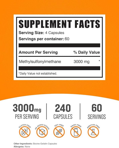 BulkSupplements.com MSM Capsules - Methylsulfonylmethane, MSM Supplement Capsules, MSM 3000mg - Joint Supplements, Gluten Free, 4 Capsules per Serving, 240 Capsules (Pack of 1)