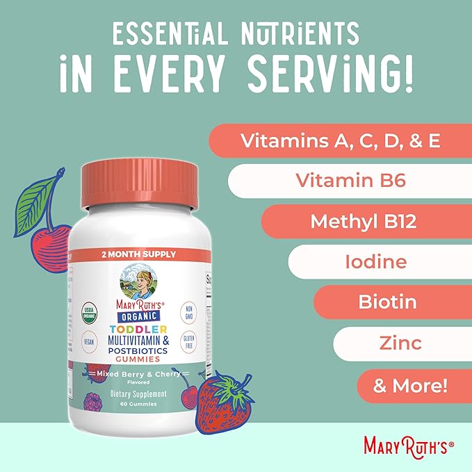MaryRuth Organics Toddler Multivitamin Gummies + Postbiotics | USDA Organic | Vitamins for Kids Ages 2+ | Immune Support | Vitamin C | Vitamin D3 | Vitamin A | Zinc | Vegan | Non-GMO | 60 Servings