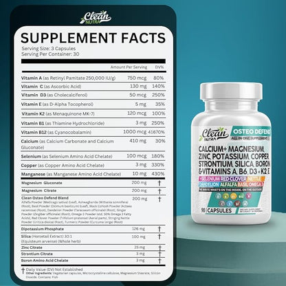 Calcium Magnesium Zinc Supplement with Potassium, Copper, Strontium, Silica, Vitamin D3 K2, Boron, Vitamin B1 B12 Red Clover Herb Alfalfa Basil Pills for Men and Women Clean Nutra Osteo Defend