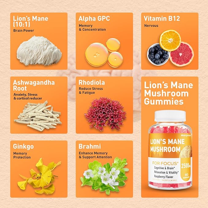 Lions Mane Gummies, Organic Lion's Mane Extract to 2500mg, Brain Supplements for Memory and Focus, Immune & Relaxation, Lions Mane Gummies for Adults, with Ashwagandha & Alpha GPC, 60 Mushroom Gummies