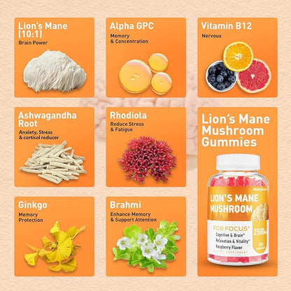 Lions Mane Gummies, Organic Lion's Mane Extract to 2500mg, Brain Supplements for Memory and Focus, Immune & Relaxation, Lions Mane Gummies for Adults, with Ashwagandha & Alpha GPC, 60 Mushroom Gummies