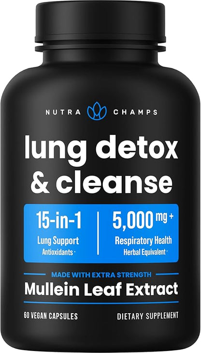 Lung Detox & Cleanse | Mullein Leaf Capsules | 15-In-1 Lung Health Formula for Respiratory, Immune & Mucus Support | 10:1 Mullein Leaf Extract (3000mg Equivalent) | Vegan Lung Support Supplement