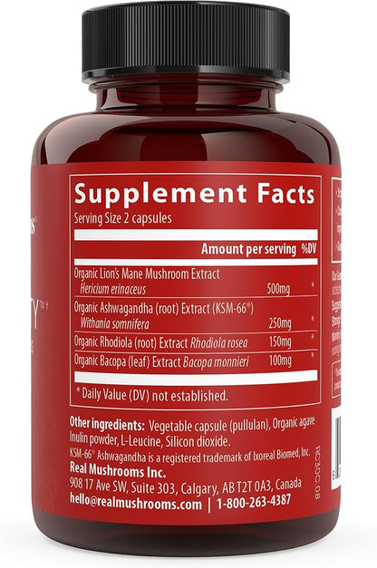 Real Mushrooms RealClarity Mushroom Powder Capsules - Brain Supplement with KSM-66 Ashwagandha Extract for Mental Clarity, Focus - Organic Lions Mane Capsules Focus Supplements for Adults, 60ct