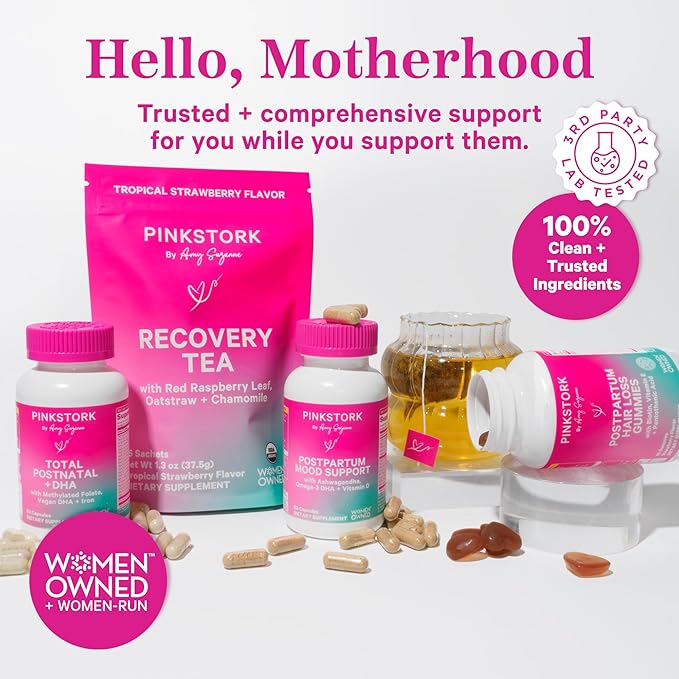 Pink Stork Postpartum Hair Loss Gummies - Biotin with Vitamin E, Pantothenic Acid, B6 & B12 for Beautiful & Strong Hair, Skin, and Nails - Postpartum Essentials for New Moms - 60 Gummy Vitamins