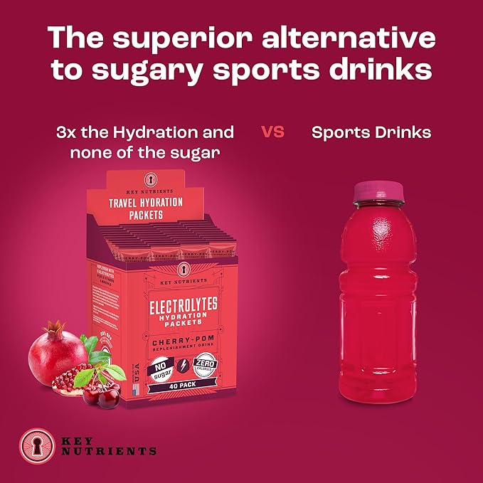 KEY NUTRIENTS Multivitamin Electrolytes Powder Packets - Sweet Cherry-Pom 40 Pack Hydration Packets - Travel Hydration Powder - No Sugar, No Calories, Gluten Free - Made in USA