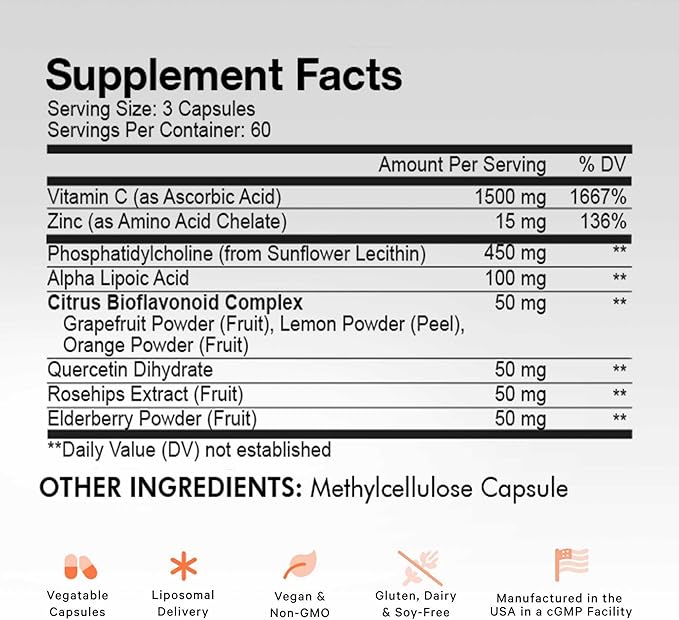 Codeage Liposomal Vitamin C 1500mg with Zinc, Elderberry, Citrus Bioflavonoids Grapefruit, Lemon, Orange Powder, Quercetin & Rose HIPS Fruit – Vegan Supplement - Non-GMO, Vegan Pills, 180 Capsules