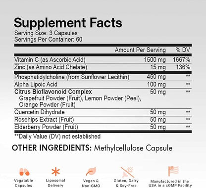 Codeage Liposomal Vitamin C 1500mg with Zinc, Elderberry, Citrus Bioflavonoids Grapefruit, Lemon, Orange Powder, Quercetin & Rose HIPS Fruit – Vegan Supplement - Non-GMO, Vegan Pills, 180 Capsules