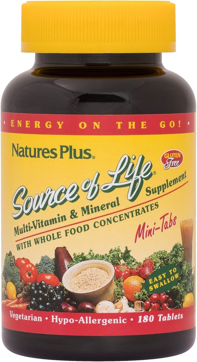 Natures Plus Source of Life Mini-Tabs - Easy to Swallow Whole Food Multivitamin with Chelated Minerals, Energy Booster - 180 Vegetarian Mini Tablets (30 Servings)