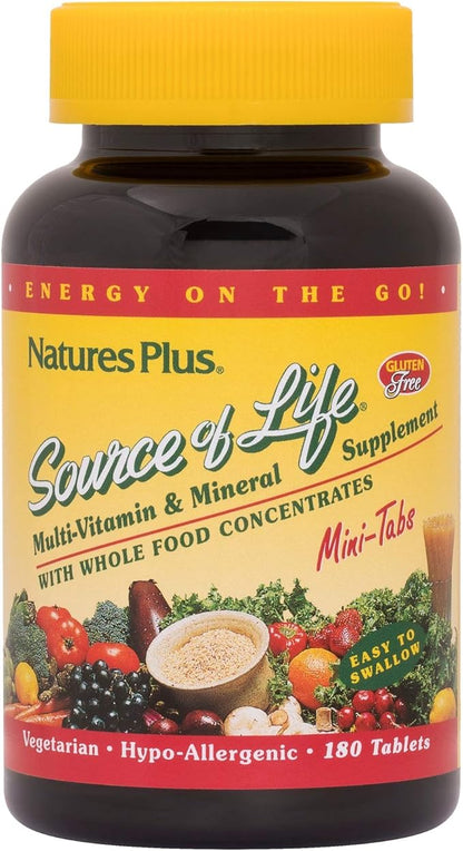 Natures Plus Source of Life Mini-Tabs - Easy to Swallow Whole Food Multivitamin with Chelated Minerals, Energy Booster - 180 Vegetarian Mini Tablets (30 Servings)
