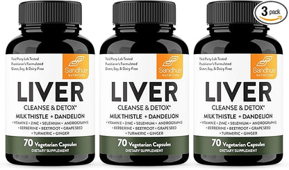 Sandhu's Liver Renew Cleanse Detox, Repair & Support | 70 Capsules (Pack of 3) | Herbal Supplement for Liver Health | Milk Thistle Dandelion Root with 9 Minerals