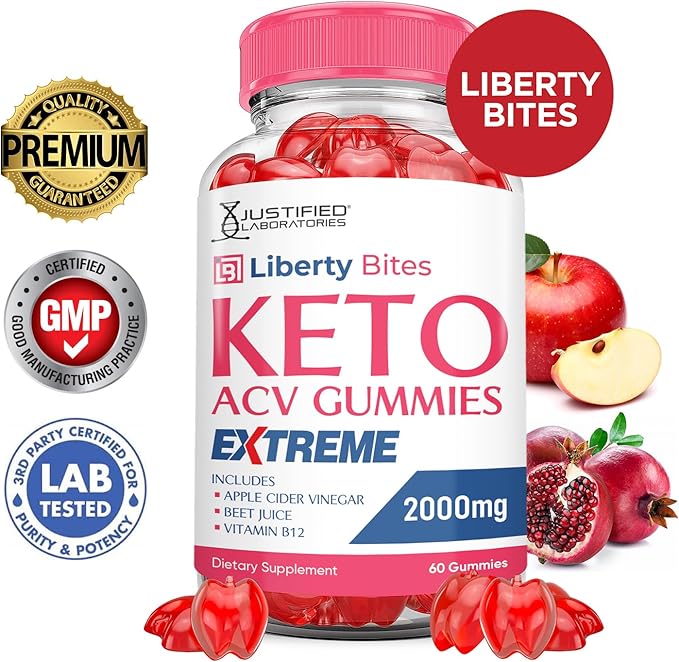 Liberty Bites Keto ACV Gummies Extreme 2000MG Libertybites Keto Gummies Apple Cider Vinegar Formulated with Pomegranate Beet Juice Powder B12 Vegan Non GMO 60 Gummys