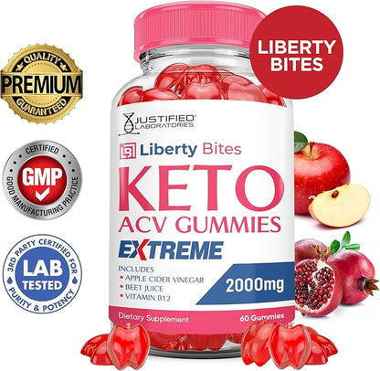 Liberty Bites Keto ACV Gummies Extreme 2000MG Libertybites Keto Gummies Apple Cider Vinegar Formulated with Pomegranate Beet Juice Powder B12 Vegan Non GMO 60 Gummys