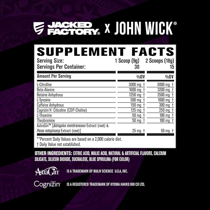 Jacked Factory X John Wick - Nitrosurge Wick Pre Workout Supplement - Intense Energy, Battle-Ready Focus, Unstoppable Commitment, and Sheer Will - 30 Servings, Baba Yaga Blue Raz