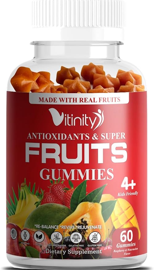 Made with Real Super Fruits Delicious Gummy Supplement,Men,Women & Kids(60 Chews),9 Superfruits,Fruit & Herbs,Superfruits Vitamins,Non-GMO,Pectin-Based,Gluten-Free,No More Pills-30 Day Supply