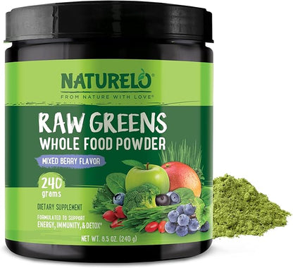 NATURELO Raw Greens Superfood Powder - Mixed Berry - Boost Energy, Detox, Enhance Health - Organic Spirulina - Wheat Grass - Whole Food Nutrition from Fruits and Vegetables - 240 Grams