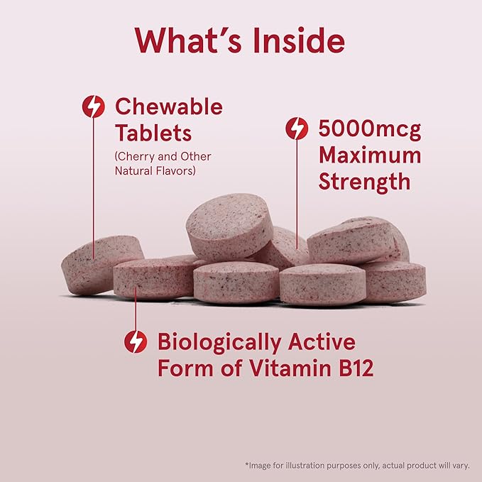 Jarrow Formulas Maximum Strength Methyl B-12 5000 mcg, Dietary Supplement for Cellular Energy Production and Brain Health Support, 60 Cherry-Flavored Chewable Tablets, 60 Day Supply