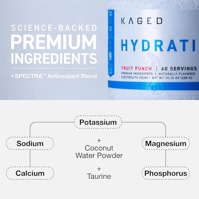 Kaged Electrolyte Hydration Powder | Hydracharge Fruit Punch | Sports Drink for Men and Women | Pre, Post, Intra Workout Supplement | 60 Servings