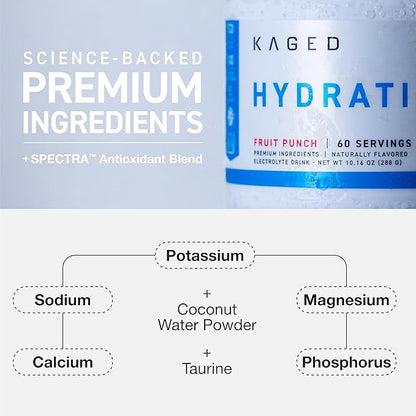 Kaged Electrolyte Hydration Powder | Hydracharge Fruit Punch | Sports Drink for Men and Women | Pre, Post, Intra Workout Supplement | 60 Servings