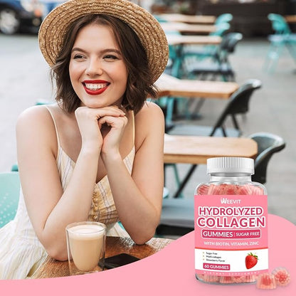 Sugar-Free Collagen Gummies for Women, Hydrolyzed Collagen Peptides Gummies with Biotin, Collagen Supplements Gummy with Vitamin B12, C, D, Zinc for Hair Skin Nail