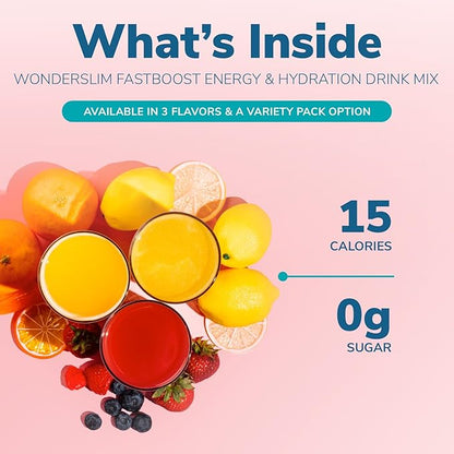 WonderSlim FAST BOOST Energy & Hydration Drink Mix, Orange, with Electrolytes, Vitamins B, C & E, Antioxidants, No Sugar (14ct)