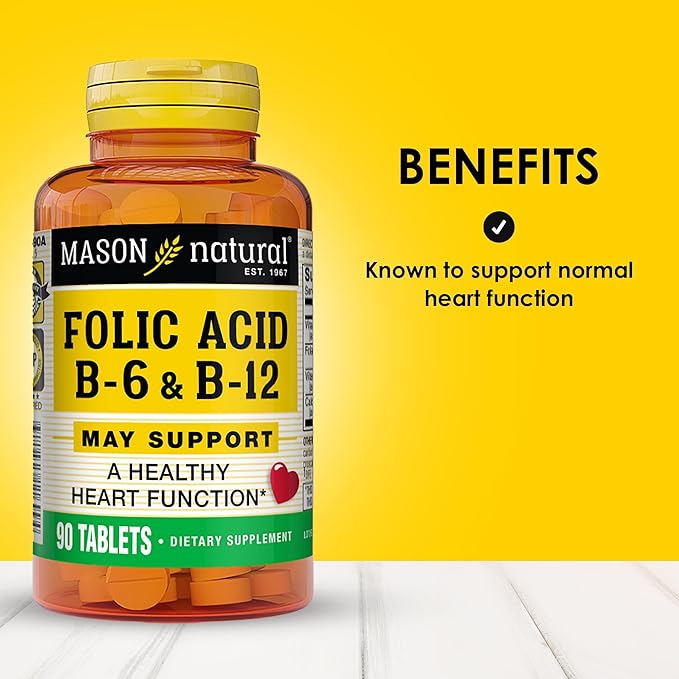 MASON NATURAL Heart Formula B6/B12/Folic Acid Tablets, Dietary Supplement Supports Cardiovascular Health, Red Blood Cell Formation, Metabolic Function, 90 Count (Pack of 3)