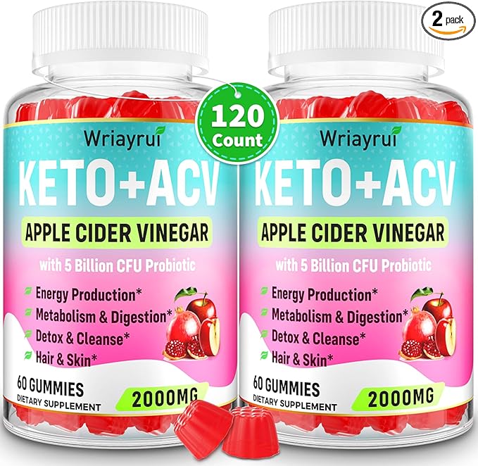 Apple Cider Vinegar Gummies, Fast Ripped Keto ACV Gummies, Max Strength 2000mg, Formulated with Green Tea, B6 & B12, Probiotics, ACV Gummies for Metabolism, Digestion, Detox & Cleanse, 120 Gummies