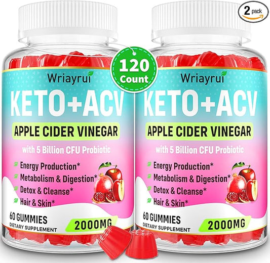 Apple Cider Vinegar Gummies, Fast Ripped Keto ACV Gummies, Max Strength 2000mg, Formulated with Green Tea, B6 & B12, Probiotics, ACV Gummies for Metabolism, Digestion, Detox & Cleanse, 120 Gummies