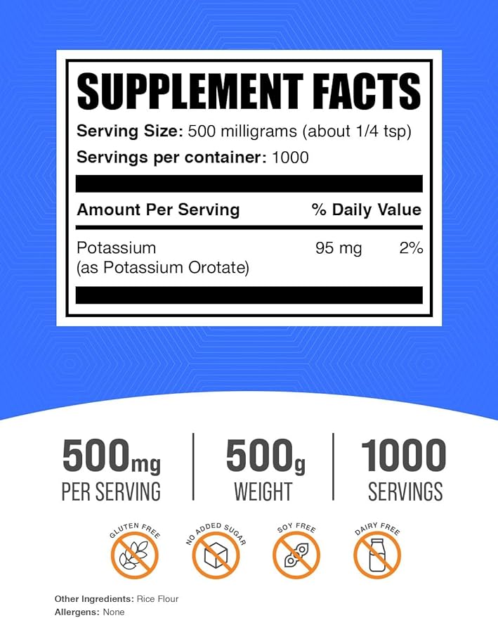 BulkSupplements.com Potassium Orotate Powder - Potassium Supplement, Potassium Orotate 500mg, Potassium Powder - Gluten Free, 500mg (95mg Potassium) per Serving, 500g (1.1 lbs) (Pack of 1)