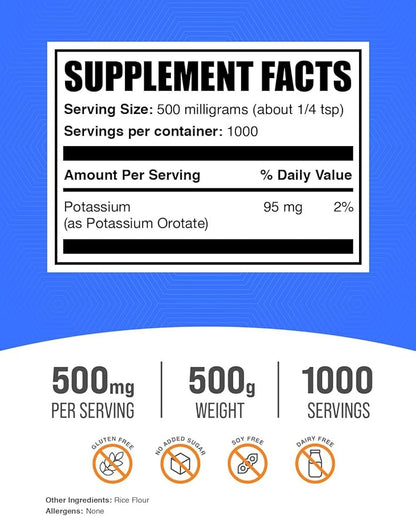 BulkSupplements.com Potassium Orotate Powder - Potassium Supplement, Potassium Orotate 500mg, Potassium Powder - Gluten Free, 500mg (95mg Potassium) per Serving, 500g (1.1 lbs) (Pack of 1)