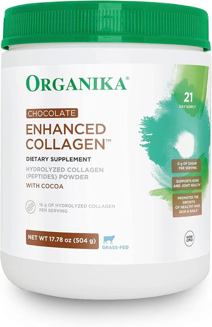 Organika Chocolate Enhanced Collagen - Grass-Fed Collagen with Real Cocoa, Sugar-Free, Type I and III, for Healthy Hair, Skin, Nails, Joints - 17.78 oz