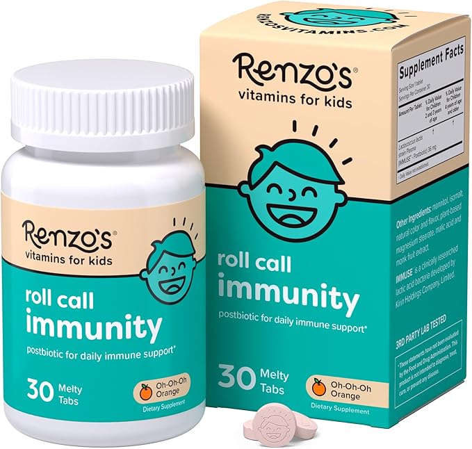 Renzo's Roll Call Immunity, Daily Postbiotic – Dissolvable Kids Immune Support Supplement - Sugar-Free Kids Vitamins, 30 Orange-Flavored Melty Tabs