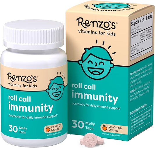 Renzo's Roll Call Immunity, Daily Postbiotic – Dissolvable Kids Immune Support Supplement - Sugar-Free Kids Vitamins, 30 Orange-Flavored Melty Tabs