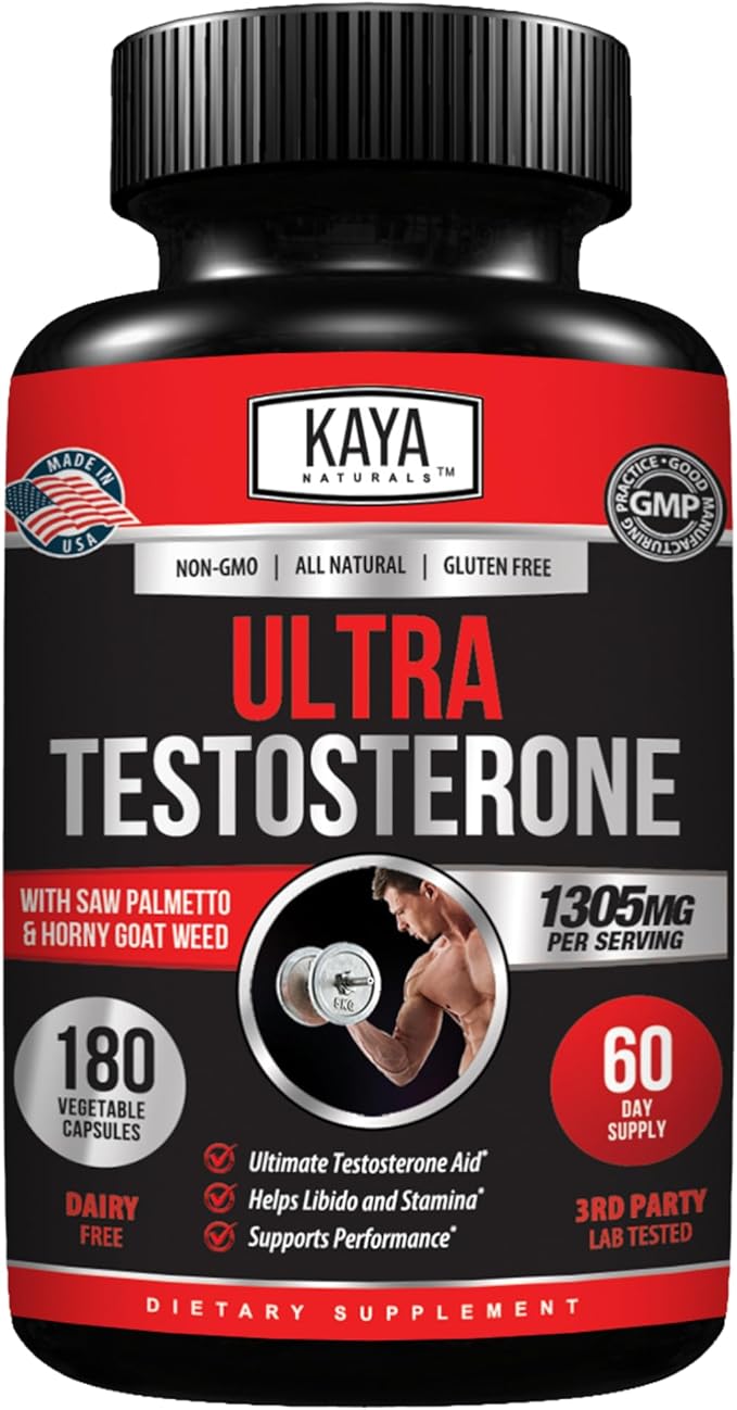 Kaya Naturals UltraTest- Men's T Booster with Tongkat Ali, Horny Goat Weed, Tribulus - Natural Workout Supplement for Energy, Stamina, and Strength Booster - 180 Count