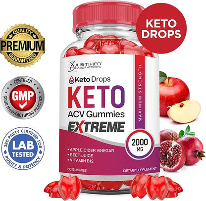(3 Pack) Keto Drops Keto ACV Gummies Extreme 2000MG Keto Drops Keto Gummies Advanced Formula Apple Cider Vinegar with Pomegranate Beet Juice Powder B12 Vegan Non GMO 180 Gummys