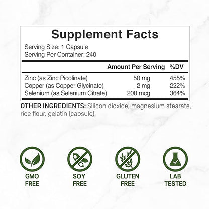 Deal Supplement Zinc 50mg with Selenium + Copper, 240 Capsules, 8 Month Supply, 3 in 1 Mineral Formula, Zinc Picolinate Complex Supplement, Supports Healthy Immune System for Adults and Kids