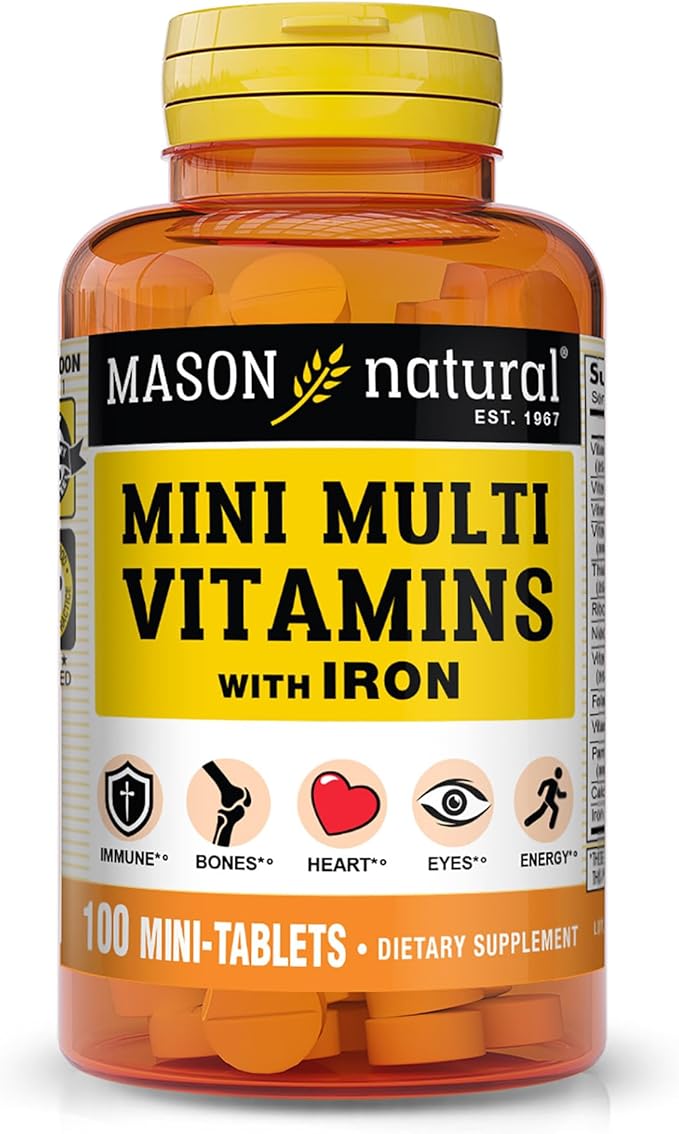 MASON NATURAL Daily Mini Multi Vitamins with Iron, Vitamins A, C, D, E, B1, B2, B3, B6, B12, Folate & Calcium, 100 Day Supply